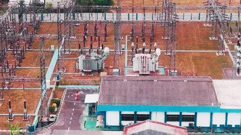Aerial View of High Voltage Electrical Substation Stock Footage 342327978