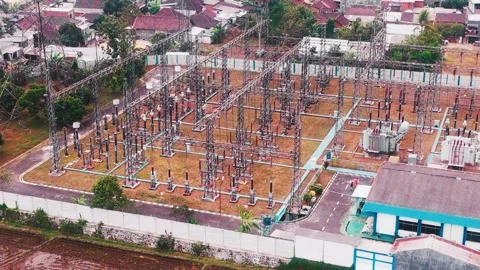Aerial View of High Voltage Electrical Substation Stock Footage 342328120