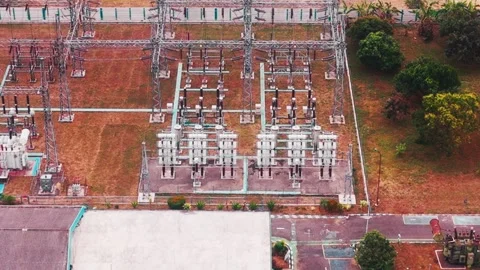 Aerial View of High Voltage Electrical Substation Stock Footage 342330922