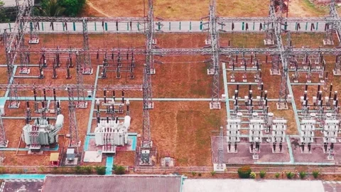Aerial View of High Voltage Electrical Substation Stock Footage 342331036