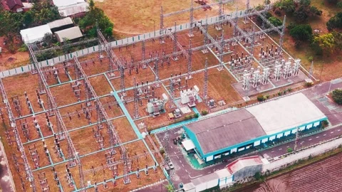 Aerial View of High Voltage Electrical Substation Stock Footage 342331132