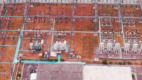 Aerial View of High Voltage Electrical Substation Stock Footage 342331146