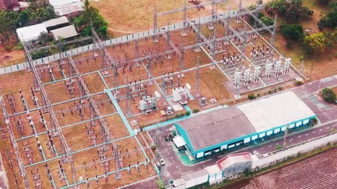 Aerial View of High Voltage Electrical Substation Stock Footage 342331187