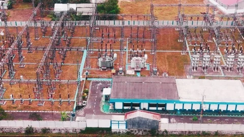 Aerial View of High Voltage Electrical Substation Stock Footage 342331261