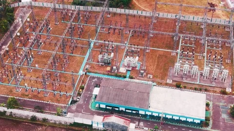 Aerial View of High Voltage Electrical Substation Stock Footage 342331282