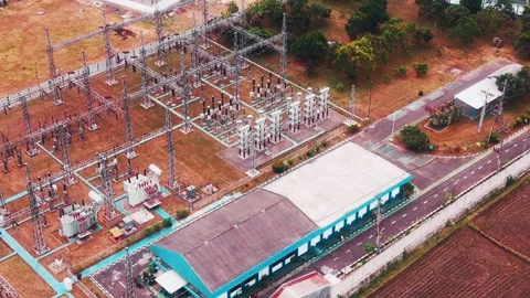 Aerial View of High Voltage Electrical Substation Stock Footage 342331312