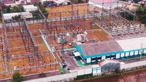 Aerial View of High Voltage Electrical Substation Stock Footage 342331313