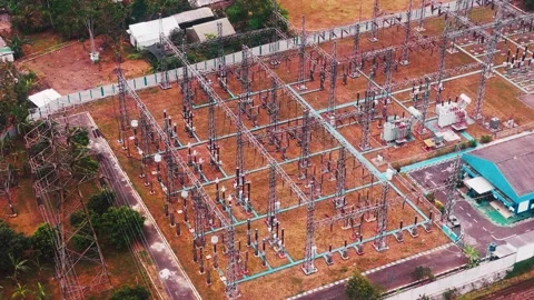 Aerial View of High Voltage Electrical Substation Stock Footage 342331727