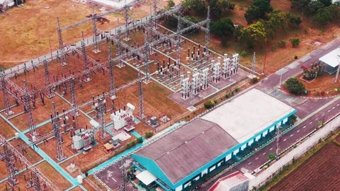 Aerial View of High Voltage Electrical Substation Stock Footage 342332058