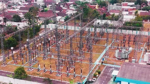 Aerial View of High Voltage Electrical Substation Stock Footage 342332125