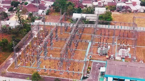 Aerial View of High Voltage Electrical Substation Stock Footage 342332200