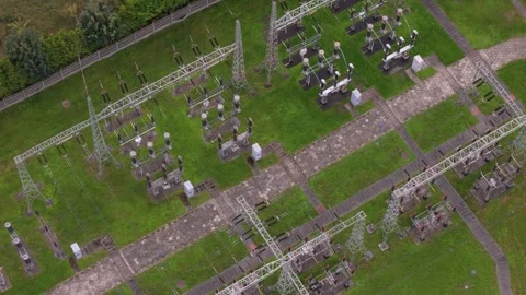 Aerial view of a high-voltage electrical substation equipment and transformers Stock Footage 346810282