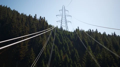 "Aerial view of high voltage electricity pylons in a dense mountain forest. 4k" Stock Footage