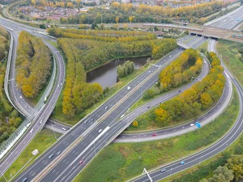 Aerial view of high way intersection crossing Stock Photos