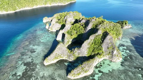 Aerial View of Highly Eroded Limestone Island and Surrounding Reef in Raja Ampat Stock Footage 256049644