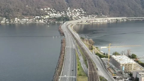 Aerial view of Highway "A2" in Melide, Ticino, Switzerland Video stock 146443478