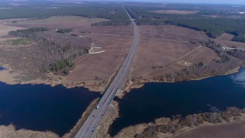 Aerial view of the highway and the car Stock Footage