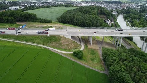 Aerial view of a highway bridge Видео 110268449