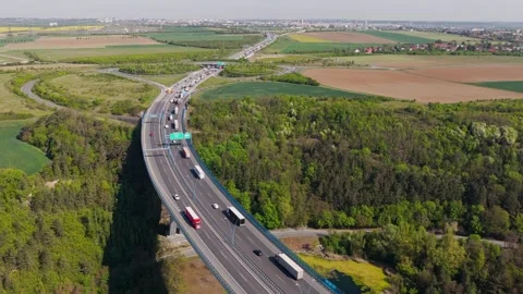 Aerial view of a highway bridge with traffic, Czechia. Stock Footage 334919871
