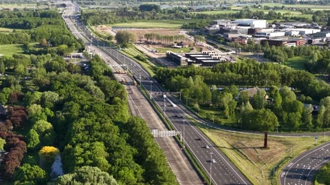 Aerial view of highway construction and traffic flow Stock Footage 335974740