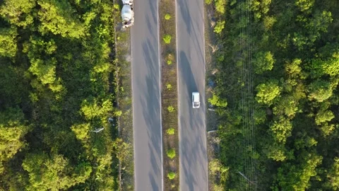 Aerial view of the highway full of trees on the side of the road and you ca.. Stock Footage 246461304