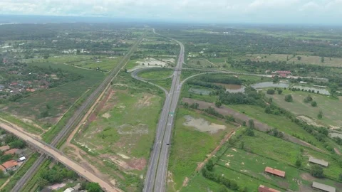 Aerial View of Highway Interchange and Railway in Vang Vieng, Laos Stock Footage 311986119