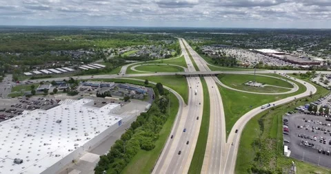 Aerial view of a highway interchange and retail area, United States. Stock Footage 335277888