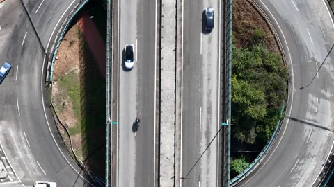 Aerial view of highway interchange with circular ramps, Portugal. Stock Footage 345046819