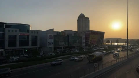 Aerial view of highway interchange in Dubai downtown evening Stock Footage 157577313
