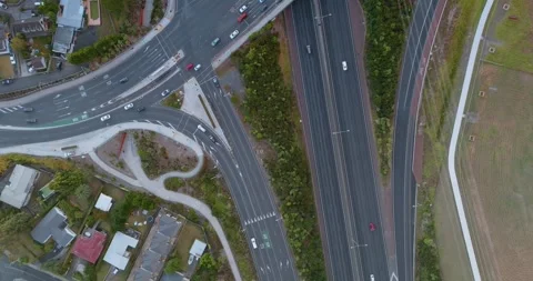 Aerial view of a highway interchange with light traffic. Te Atatu, Auckland, New Stock-Footage 304297169