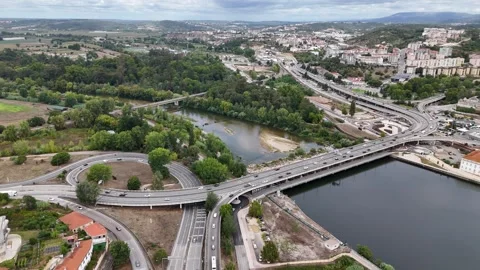 Aerial view of highway interchange over Mondego River, Portugal. Stock Footage 345004752