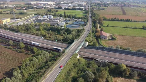 Aerial View Highway Intersection and Water Treatment Plant in Truccazzano, Italy Stock Footage 347648508