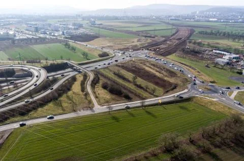 Aerial view of a highway intersection with a clover-leaf interchange Germany  Stock Photos