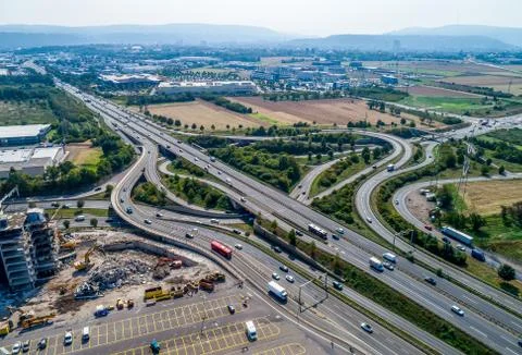 Aerial view of a highway intersection with a clover-leaf interchange Germany  Stock Photos