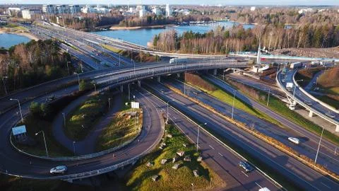Aerial view of highway intersection next to nice landscape 库存照片