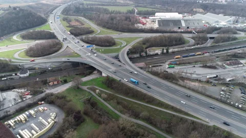 Aerial view of a highway, intersections and bridge Видео 150928567
