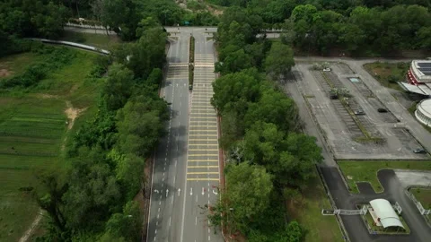 Aerial view of highway junction surrounded by greenery in a peaceful area Stock Footage 311986693