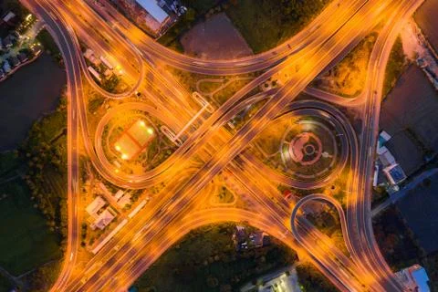 Aerial view of highway junctions Top view of Urban city, Bangkok at night, Th Stock Photos