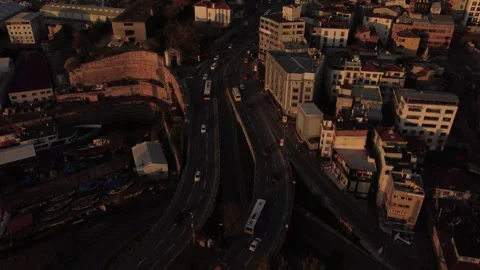Aerial view of the highway passing through the streets next to the Galata Tower. Stock Footage 244412044