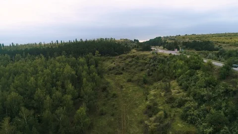 Aerial view of a highway road intersection and of a green forest. 스톡 동영상 114440063
