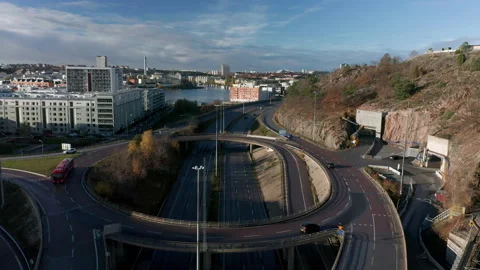 Aerial view of highway running through city urban environment, aerial view Stock Footage 144572010