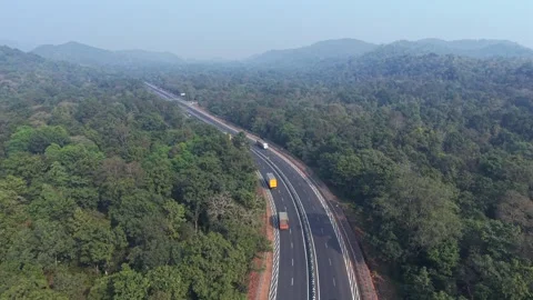 Aerial View of Highway Through Forest in Madhya Pradesh India Video stock 332689099