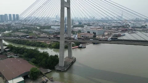 Aerial View of Highway Traffic on Cable Stayed Bridge in Ho Chi Minh City, Stock Footage 335576950