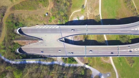 Aerial view of highway traffic on large overpass bridge in Switzerland. Stock Footage 129397409
