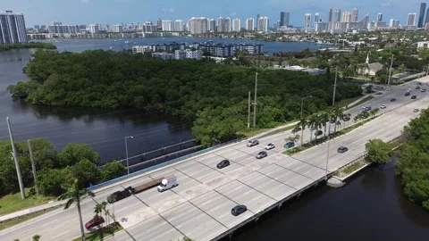 Aerial View - Highway Traffic Over Mangrove Estuary, Miami Stock Footage 340533169