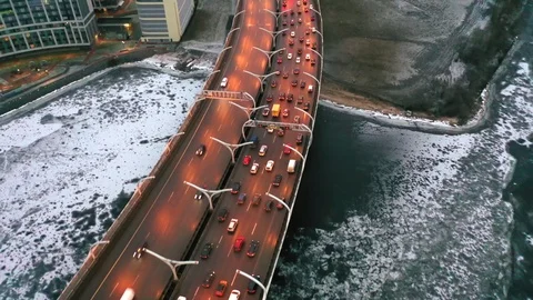 Aerial view of the highway in winter.  Drone flight over the city. Stock-Footage 124844161