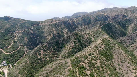Aerial view of hiking trails on the top of Santa Catalina Island mountains Stock Footage