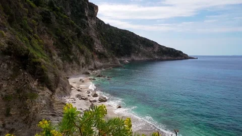 Aerial view hiking viewpoint spot isolated Filikuri beach in spring. Clear .. Stock Footage 333206498