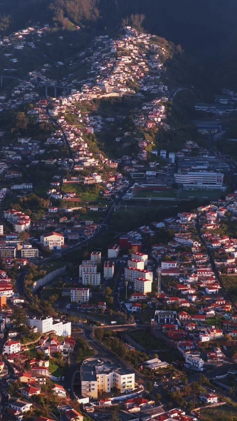 Aerial View of Hillside Town at Sunset in Madeira Portugal Stock Footage 332708986