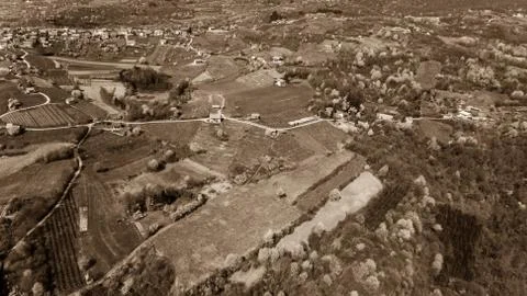 Aerial view of hilly countryside with fields ready for seeding Stock Photos